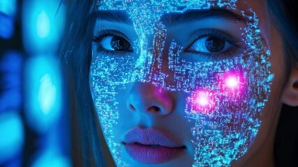 Aufkleber - The young woman displays a vibrant electronic facial overlay, immersed in a high-tech atmosphere filled with glowing blue elements.