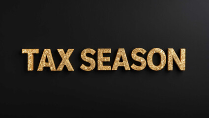 tax season word lettering with glitter gold shining effect on plain black background