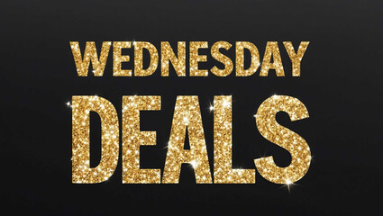 Poster - Wednesday deals word lettering with glitter gold shining effect on plain black background