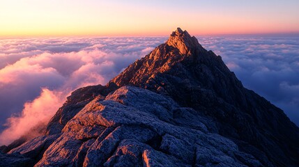 Wall Mural - A majestic mountain peak pierces through a sea of clouds, bathed in the warm glow of sunrise.