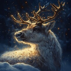 Sticker - A majestic reindeer with glowing antlers stands in a snowy forest.