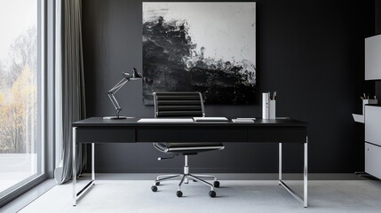 Minimalist black and white home office with a sleek desk, ergonomic black chair, and a monochrome abstract painting Stylish and modern