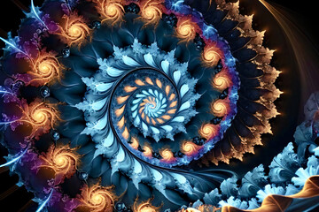 Colorful fractal pattern showcasing a vibrant spiral design with intricate details and glowing elements in a dark backdrop