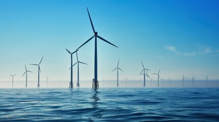 Offshore Wind Farm Panorama Under Blue Sky