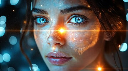 Aufkleber - A young woman with vibrant blue eyes captivates viewers, illuminated by shimmering lights that enhance her striking features in an artistic portrait.