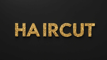 Haircut word lettering with glitter gold shining effect on plain black background