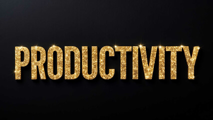 Wall Mural - productivity word lettering with glitter gold shining effect on plain black background