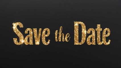 Wall Mural - save the date word lettering with glitter gold shining effect on plain black background