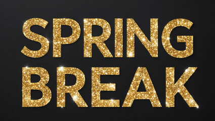 Wall Mural - spring break word lettering with glitter gold shining effect on plain black background