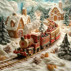 Poster - A miniature gingerbread train travels through a winter wonderland with gingerbread houses.