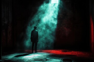 Aufkleber - In a dimly lit room, a shadowy figure faces a beam of light, creating an atmosphere charged with fear and deep suspense. Generative AI