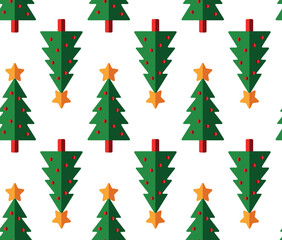 Festive seamless pattern with geometric Christmas trees with stars on top. The trees feature red designs and are set against a transparent background, perfect for a holiday design.