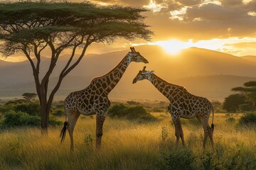 Poster - A pair of giraffes grazing on the tall acacia trees in the African savannah.