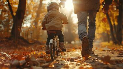 A father teaches his son to ride a bike in the park