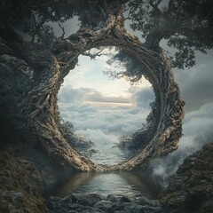 Wall Mural - A mystical tree forms a circular portal leading to a sky filled with clouds.