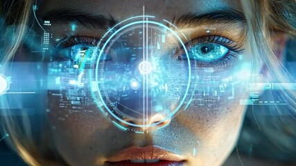Poster - A young woman with captivating blue eyes showcases a high-tech holographic interface that surrounds her face, illuminated in a digital landscape.