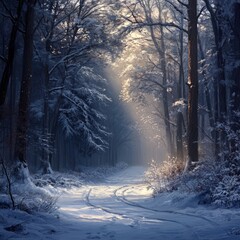 Canvas Print - A path winds through a snow-covered forest, sunlight filtering through the trees.