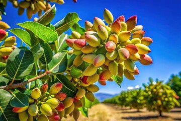 Lush Pistachio Tree With Green Leaves and Nuts Hanging in a Sunny Orchard Under Clear Blue Sky