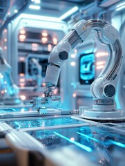 Aufkleber - A robotic arm skillfully assembles intricate machinery in a sleek lab filled with advanced technology and glowing holographic displays. Generative AI