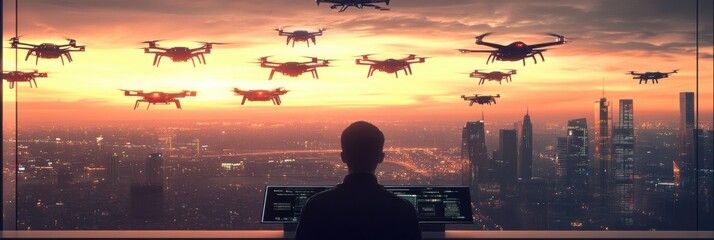 Poster - The drone pilot expertly maneuvers multiple advanced drones with a touchpad in a futuristic control room overlooking a city at sunset. Generative AI