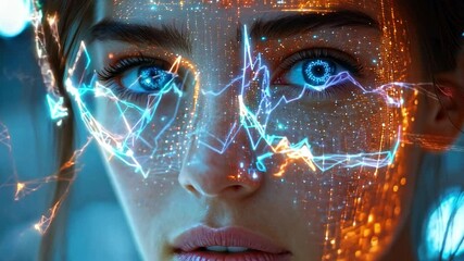 Poster - A young woman gazes intently as bright, intricate data projections illuminate her face in a modern, high-tech environment.