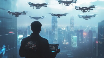 Poster - The drone pilot skillfully controls a fleet of sleek drones using a touchpad, overlooking a vibrant city skyline. Generative AI