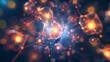 © William - A microscopic view of glowing particles decaying into smaller fragments, emitting energy in a physics lab setting. The background is softly blurred, featuring scientific instruments and equipment, wit