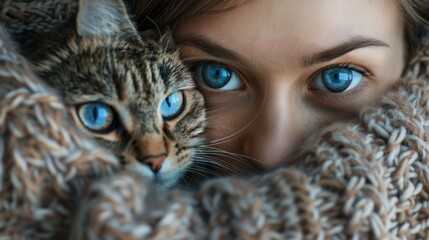 Wall Mural - A woman is hugging a cat with blue eyes