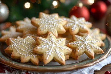 Sticker - A plate of star-shaped cookies decorated with white icing and sprinkles, with a blurry background of Christmas lights and ornaments.