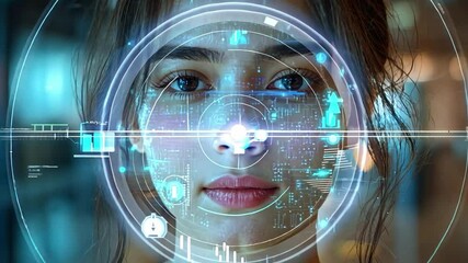 Poster - A young woman stands in a modern setting, her face highlighted by a digital interface reflecting the latest advancements in artificial intelligence technology.
