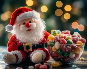 Poster - A plush Santa Claus toy sits next to a bowl of colorful candies, with a blurred background of Christmas lights.