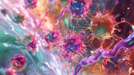 Artistic Depiction of Viral Invasion in Human Body with Infected and Mutated Cells, Vibrant and Chaotic Scene