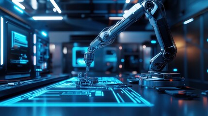 Fototapete - The robotic arm intricately assembles advanced machinery in a sleek lab, illuminated by glowing panels and holographic interfaces. Generative AI