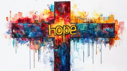 A vibrant watercolor painting of a wooden cross with the word 