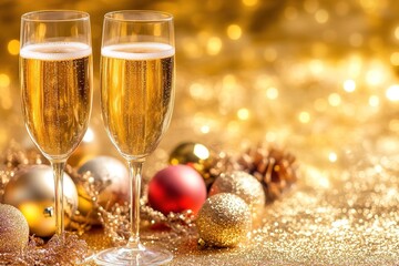 Golden champagne glasses with festive glitter backdrop