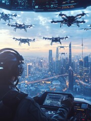 Poster - The drone pilot skillfully directs a swarm of sleek drones from a sophisticated control center overlooking the city. Generative AI