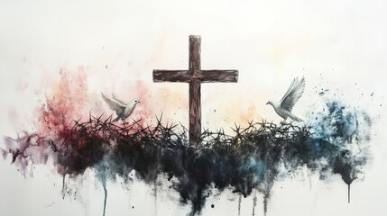 A watercolor painting of a cross with doves and thorns, symbolizing hope and sacrifice in Jesus Christ. .