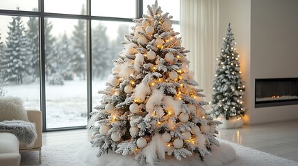 Poster - A pristine all-white Christmas tree adorned with delicate white ornaments, soft feathers, and twinkling clear lights,