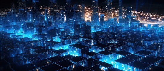 Wall Mural - Futuristic Cityscape with Glowing Blue Towers