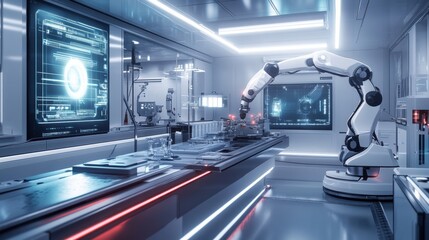 Poster - The robotic arm works efficiently, assembling intricate machinery within a sleek, modern laboratory equipped with advanced holographic technology. Generative AI