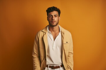 Wall Mural - A man in a tan jacket and white shirt stands in front of a yellow wall