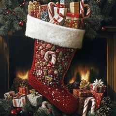 Poster - A red stocking overflowing with gifts and candy sits by a fireplace.