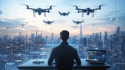 Fototapete - A drone pilot uses a touchpad to control multiple futuristic drones while monitoring a high-tech cityscape from a control center. Generative AI