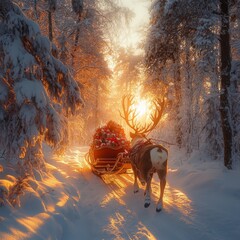 Sticker - A reindeer pulls a sleigh full of gifts through a snowy forest at sunset.