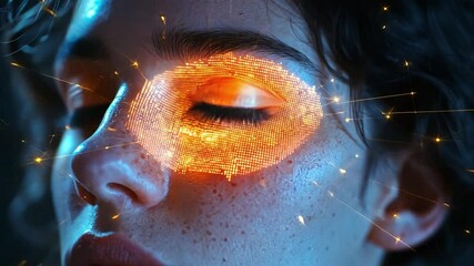 Poster - The young woman gazes intently, her face adorned with glowing digital patterns that enhance her striking features and expressive eyes.