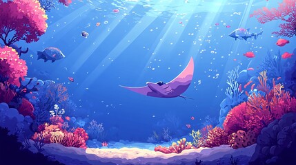 Wall Mural - A manta ray swims through a vibrant coral reef with bright sun rays shining through the water.