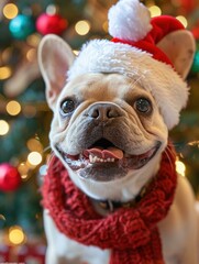 Canvas Print - A dog wearing a Santa hat and scarf smiles for the camera. AI.