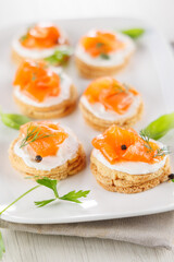 Poster - Assorted toasts with cream cheese, salmon, and smoked salmon. Ideal for buffet, catering, and healthy meal options