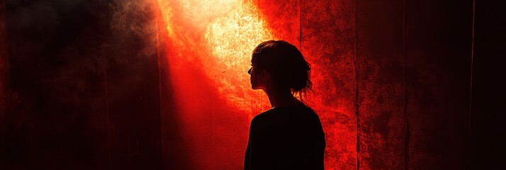 Aufkleber - In a dimly lit space, a solitary figure is highlighted by a strong spotlight, evoking feelings of fear and deep suspense. Generative AI