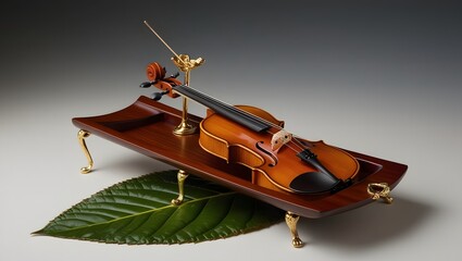 The violin is placed on a wooden table. On the lower part are green leaves, which is relaxing.